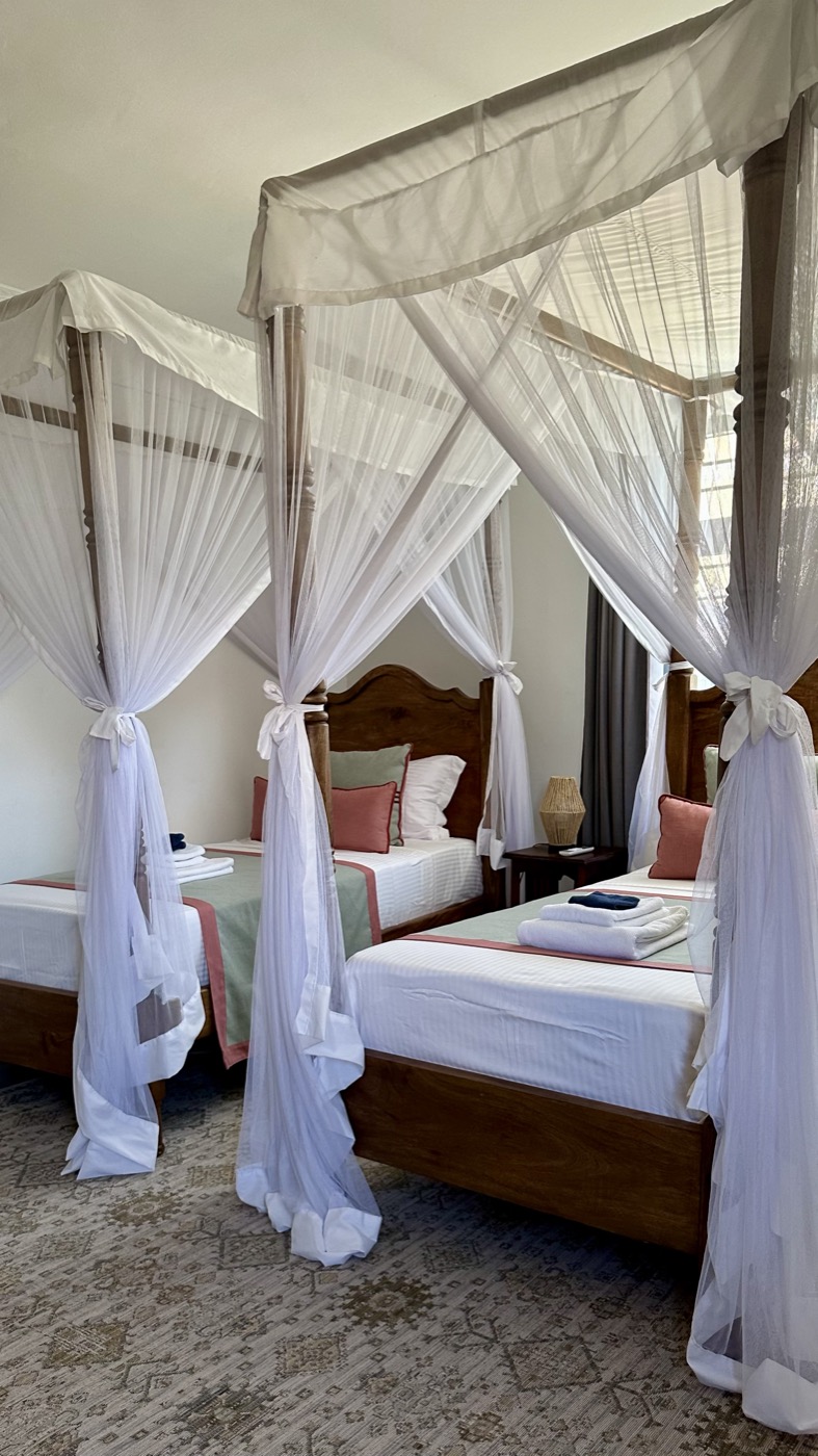 The twin room's two four-poster beds under nets